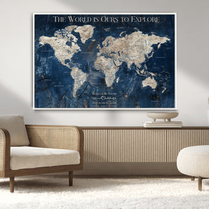 16933330-MGV-CV-36X24-Personalized World Map Wall Art – Navy Blue Vintage Travel Map with Custom Names, Anniversary Gift for Couples Romantic Adventure