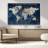 16933330-MGV-CV-36X24-Personalized World Map Wall Art – Navy Blue Vintage Travel Map with Custom Names, Anniversary Gift for Couples Romantic Adventure