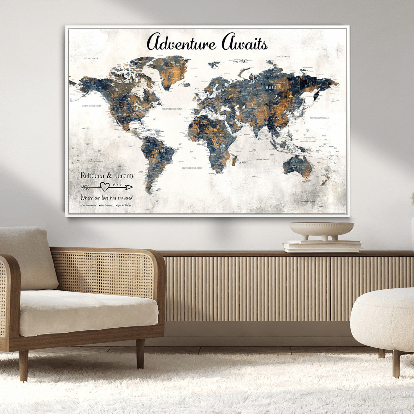 11751559-MGV-CV-36X24-Personalized World Map Wall Art – Elegant Adventure Travel Tracker Map for Couples & Families, Push Pin Canvas Poster Decor for Home, Office