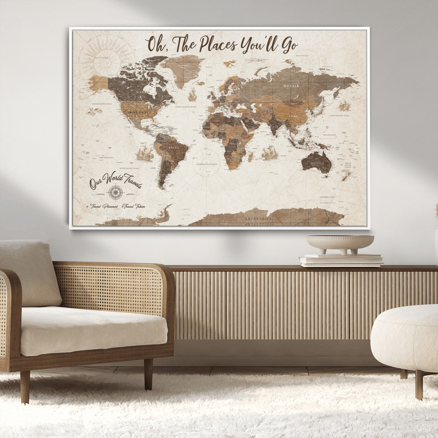 14140137-MGV-CV-36X24-Personalized World Map Wall Art – Vintage Nautical Adventure Map with Ships and Compass, Rustic Sepia Tones for Travel Lovers and