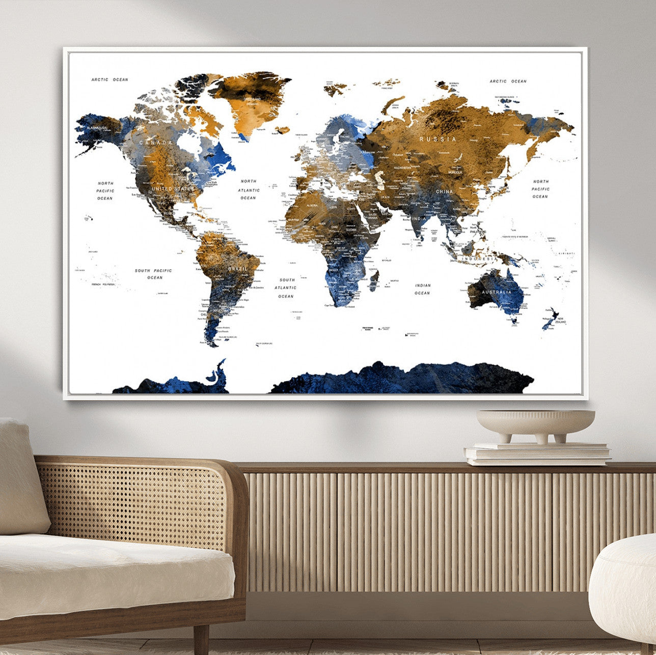 MGV-FC-36X24 - World Map Wall Art Canvas Print, Framed Blue Gold Map Art Picture Print, Rustic Atlas Perfect Rustic Modern Decor Artwork
