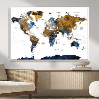 MGV-FC-36X24 - World Map Wall Art Canvas Print, Framed Blue Gold Map Art Picture Print, Rustic Atlas Perfect Rustic Modern Decor Artwork