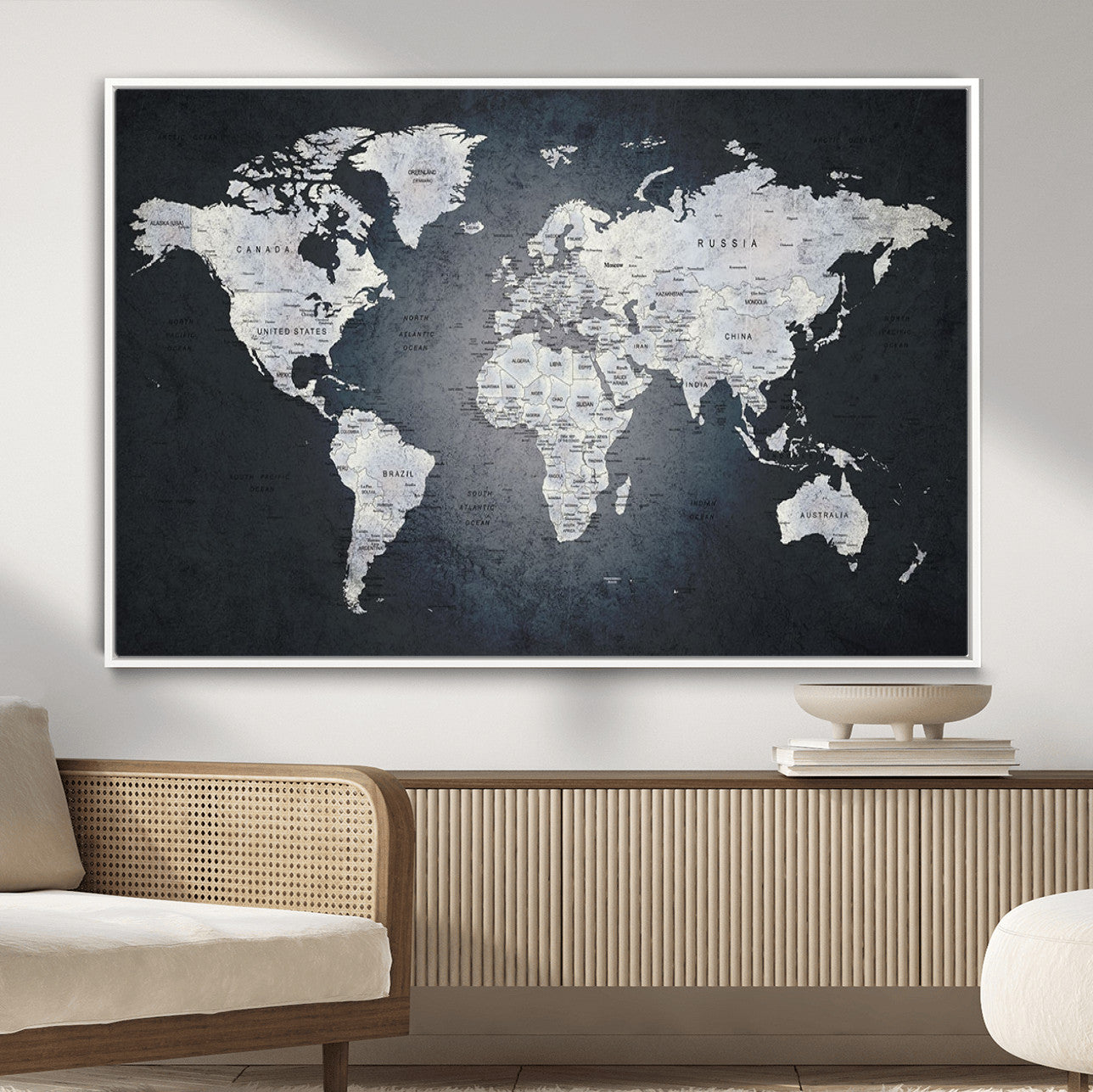 MGV-FC-36X24 - Monochrome World Map Wall Art Canvas Print, Framed Minimalist Map Art Picture Print, Modern Atlas Perfect Modern Minimalist Decor Artwork