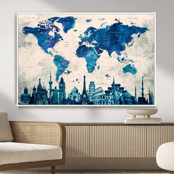 MGV-FC-36X24 - Blue World Map Wall Art Canvas Print, Framed Iconic Landmarks Art Picture Print, Blue Globe Map Perfect Elegant Explorer Decor Artwork