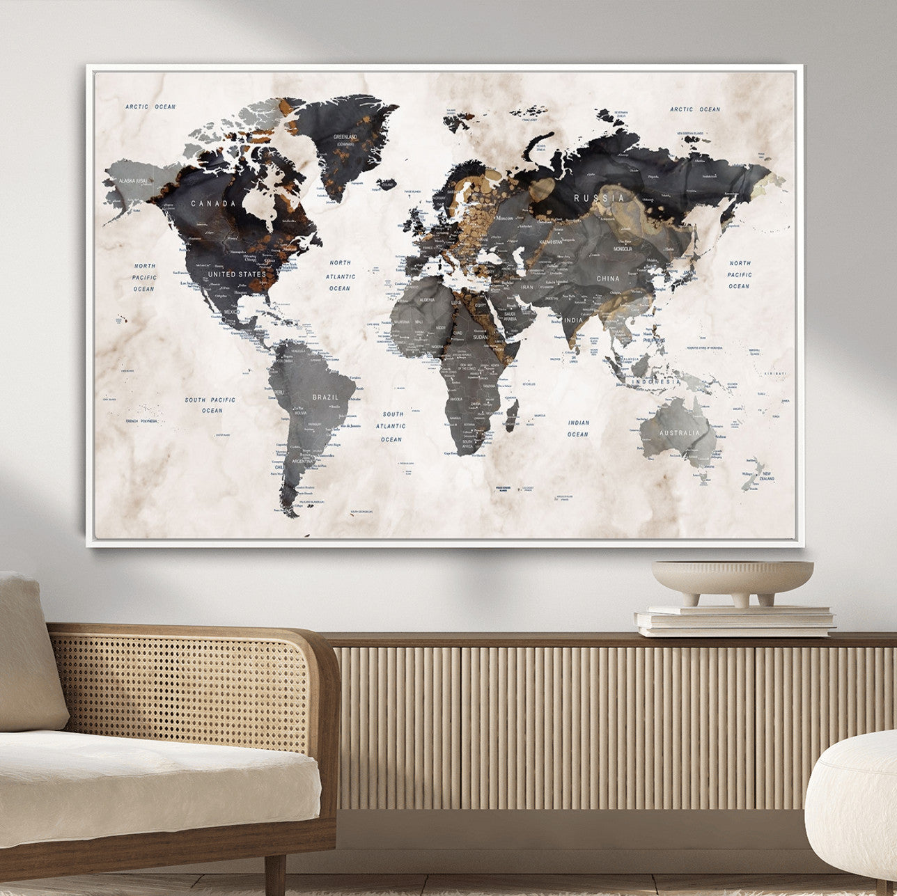 MGV-FC-36X24 - World Map Wall Art Canvas Print, Framed Rustic Map Art Picture Print, Antique Map Perfect Rustic Explorer Decor Artwork