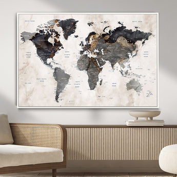 MGV-FC-36X24 - World Map Wall Art Canvas Print, Framed Rustic Map Art Picture Print, Antique Map Perfect Rustic Explorer Decor Artwork