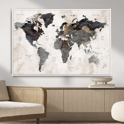 MGV-FC-36X24 - World Map Wall Art Canvas Print, Framed Rustic Map Art Picture Print, Antique Map Perfect Rustic Explorer Decor Artwork