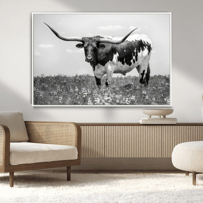 83785-MGV-FC-36X24_White-Texas Longhorn Wall Art Canvas Print, Framed Horned Bull Art Picture Print, Monochrome Cattle Perfect Rustic Western Decor Artwork