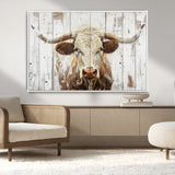 10840-MGV-FC-36X24_White-Texas Longhorn Wall Art Canvas Print, Framed Rustic Bull Art Picture Print, Western Cattle Perfect Rustic Western Decor Artwork