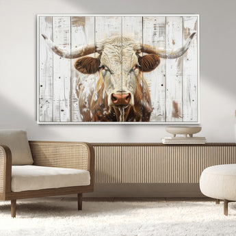 10840-MGV-FC-36X24_White-Texas Longhorn Wall Art Canvas Print, Framed Rustic Bull Art Picture Print, Western Cattle Perfect Rustic Western Decor Artwork