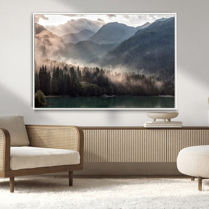 64758-MGV-CV-36X24-Misty Mountains Wall Art Canvas Print, Framed Moody Pines Art Picture Print, Forest Lake Perfect Moody Alpine Decor Artwork