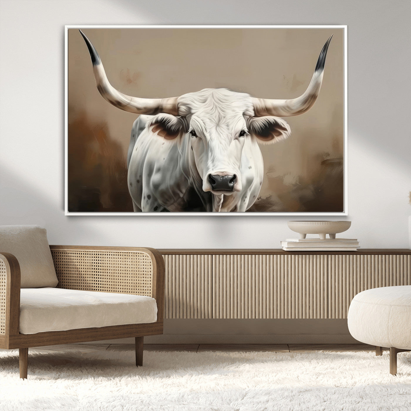 63550-MGV-CV-36X24-Texas Longhorn Wall Art Canvas Print, Framed White Bull Art Picture Print, Horned Cattle Perfect Rustic Western Decor Artwork