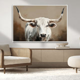 63550-MGV-CV-36X24-Texas Longhorn Wall Art Canvas Print, Framed White Bull Art Picture Print, Horned Cattle Perfect Rustic Western Decor Artwork