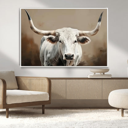63550-MGV-CV-36X24-Texas Longhorn Wall Art Canvas Print, Framed White Bull Art Picture Print, Horned Cattle Perfect Rustic Western Decor Artwork