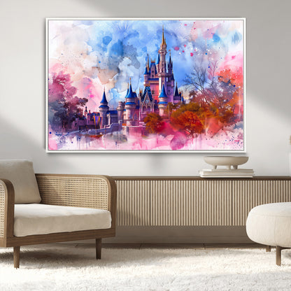 15129-MGV-FC-36X24_White-Disney Castle Wall Art Canvas Print, Framed Cinderella Palace Art Picture Print, Fantasy Kingdom Perfect Whimsical Fairytale Decor