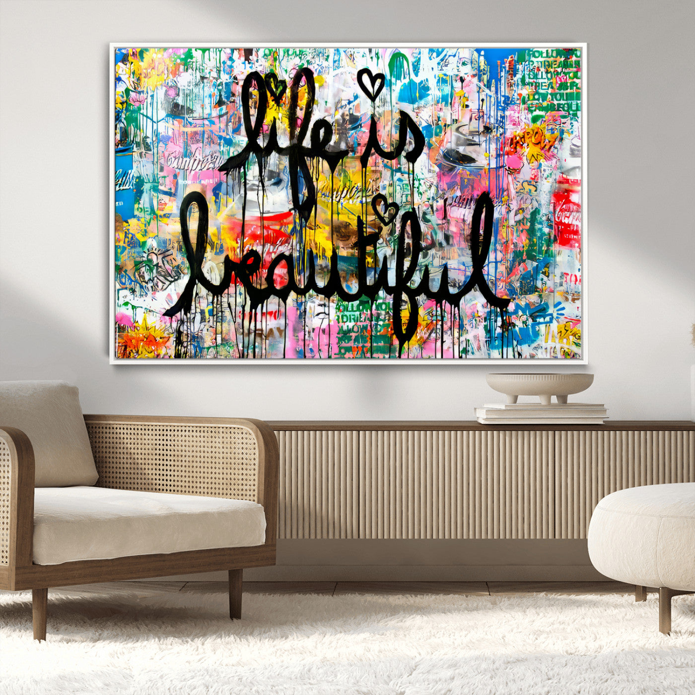 36856-MGV-FC-36X24_White-Life Is Beautiful Wall Art – Colorful Graffiti Canvas Print, Modern Street Style Artwork, Inspirational Decor for Living Room,