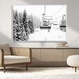 49274-MGV-CV-36X24-Snowy Forest Wall Art Canvas Print, Framed Ski Lift Art Picture Print, Mountain Snow Perfect Minimal Winter Lodge Decor Artwork