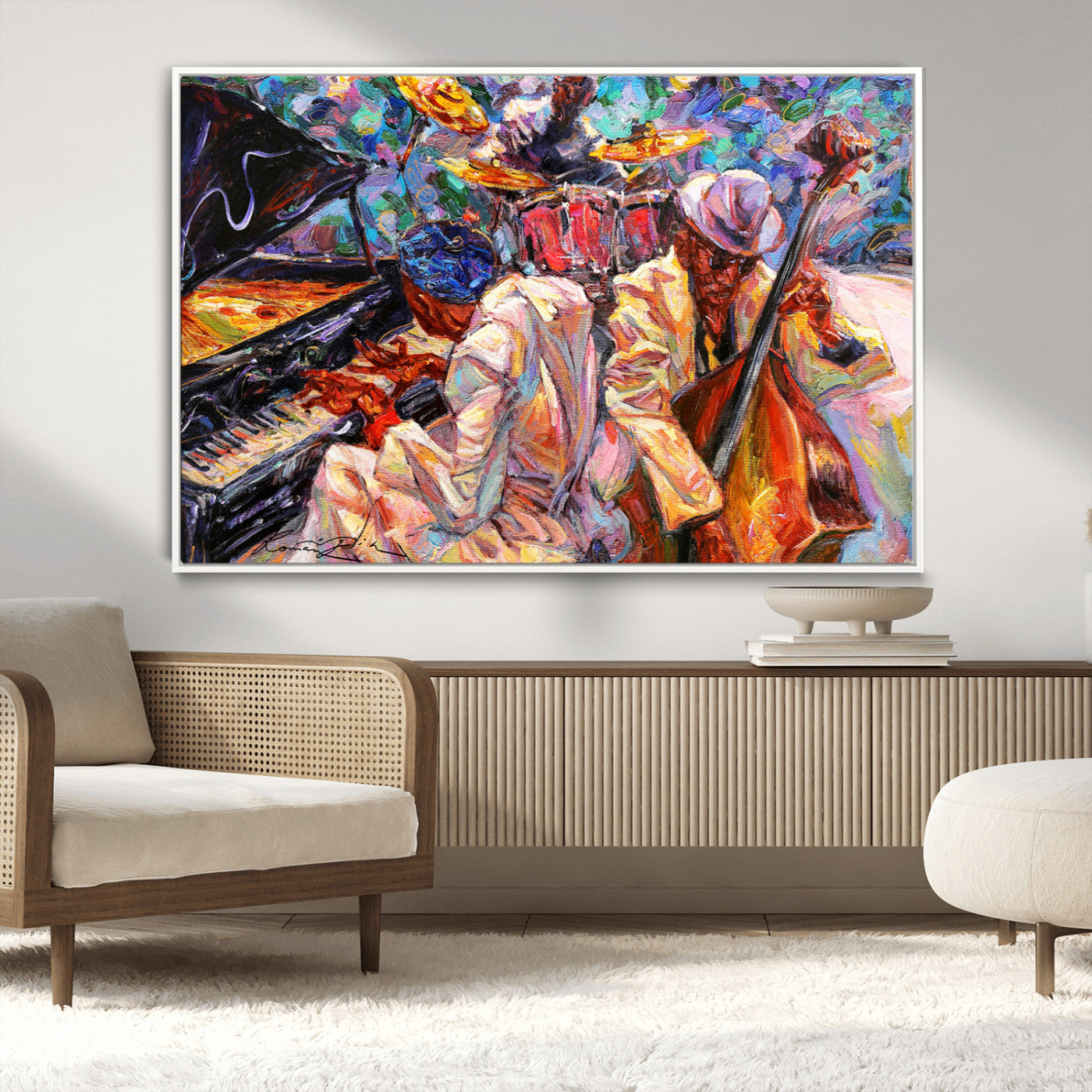 13675-MGV-FC-36X24_White-Jazz Band Wall Art Canvas Print, Framed Jazz Oil Painting Art Picture Print, Vibrant Music Perfect Abstract Musical Decor Artwork