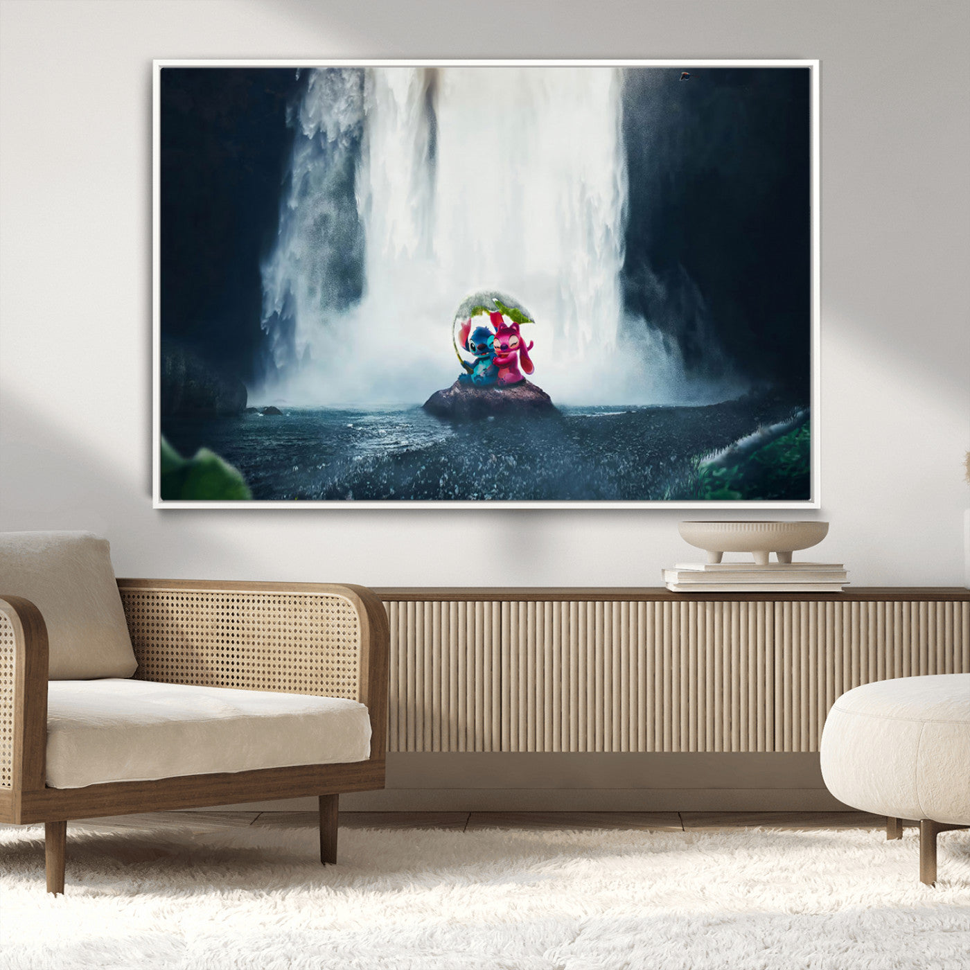 32259-MGV-FC-36X24_White-Stitch Angel Wall Art Canvas Print, Framed Stitch Waterfall Art Picture Print, Cartoon Couple Perfect Moody Fantasy Decor Artwork