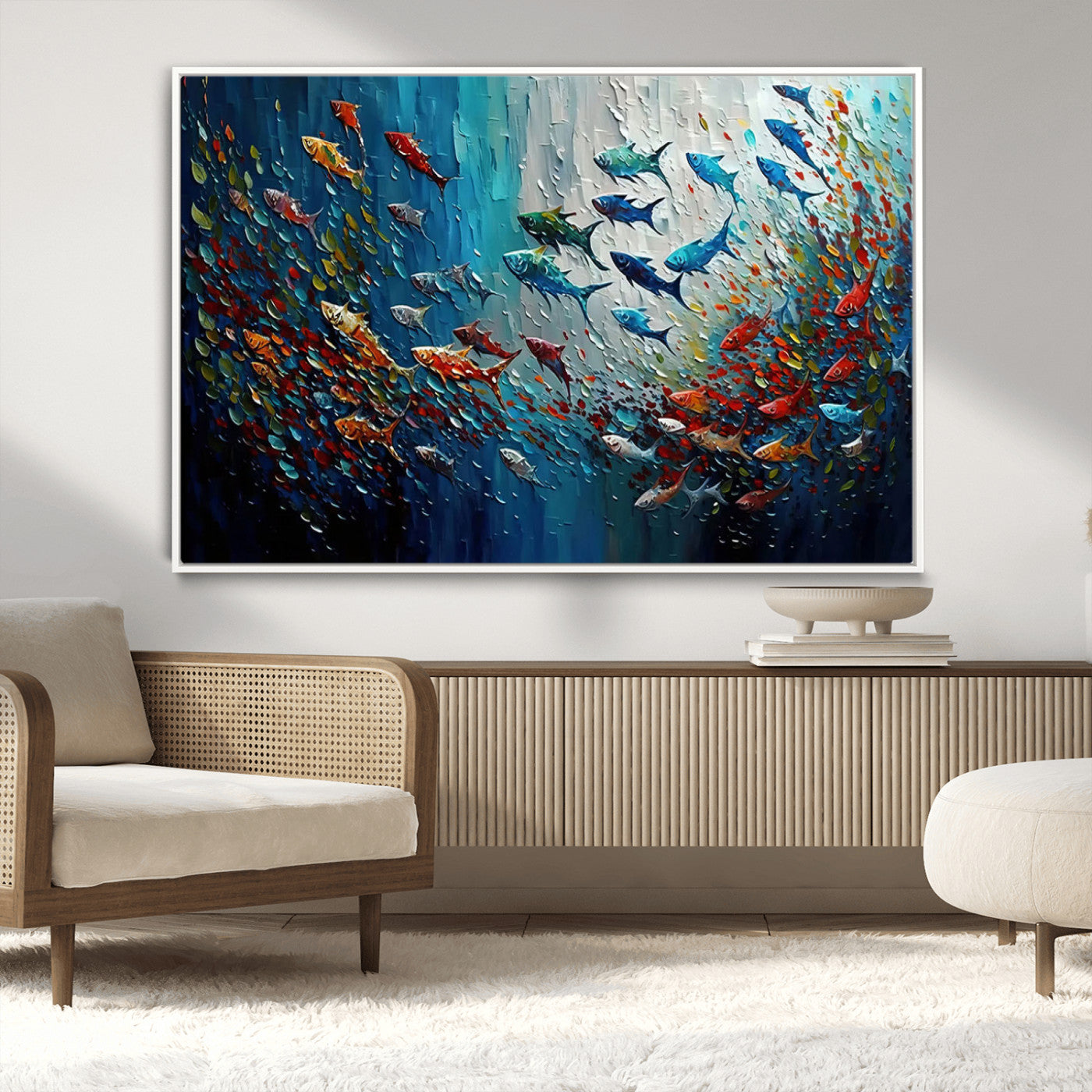 89626-MGV-CV-36X24-Fish Swarm Wall Art Canvas Print, Framed Abstract Ocean Art Picture Print, Underwater Life Perfect Vibrant Coastal Decor Artwork