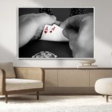 62460-MGV-CV-36X24-Poker Game Wall Art – Close Up of Hands Holding Aces with Chips, Casino Style Decor for Game Room, Man Cave or Office