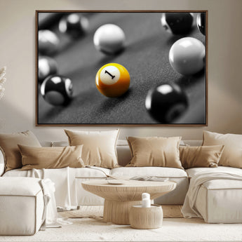 52108-MGV-CV-36X24-Precision Pool Table Wall Art – Close Up Yellow 1 Ball Canvas Print, Hand-Played Billiards Game Decor for Office, Game Room, or