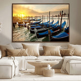 25872-MGV-FC-36X24_Walnut-Venetian Gondola Dock Wall Art – Serene Sunset Canal Canvas Print, Tranquil Water Travel Decor for Office, Living Room, or Man