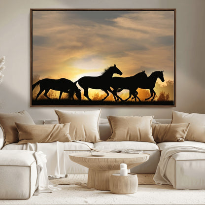 16620-MGV-CV-36X24-Sunset Stallions Wall Art – Silhouetted Horses Running Canvas Print, Nature’s Rhythm, Perfect for Living Room, Office, or Man Cave