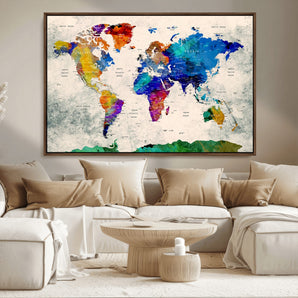 26333-MGV-FC-36X24_Walnut-Vibrant World Map Canvas Wall Art – Colorful Abstract Map Print, Modern Travel Decor for Home or Office
