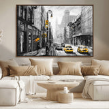 32362-MGV-FC-36X24_Walnut-NYC Street Wall Art – Black and White Cityscape with Yellow Taxis and Umbrella Canvas Print, Urban Home Decor for Living Room or