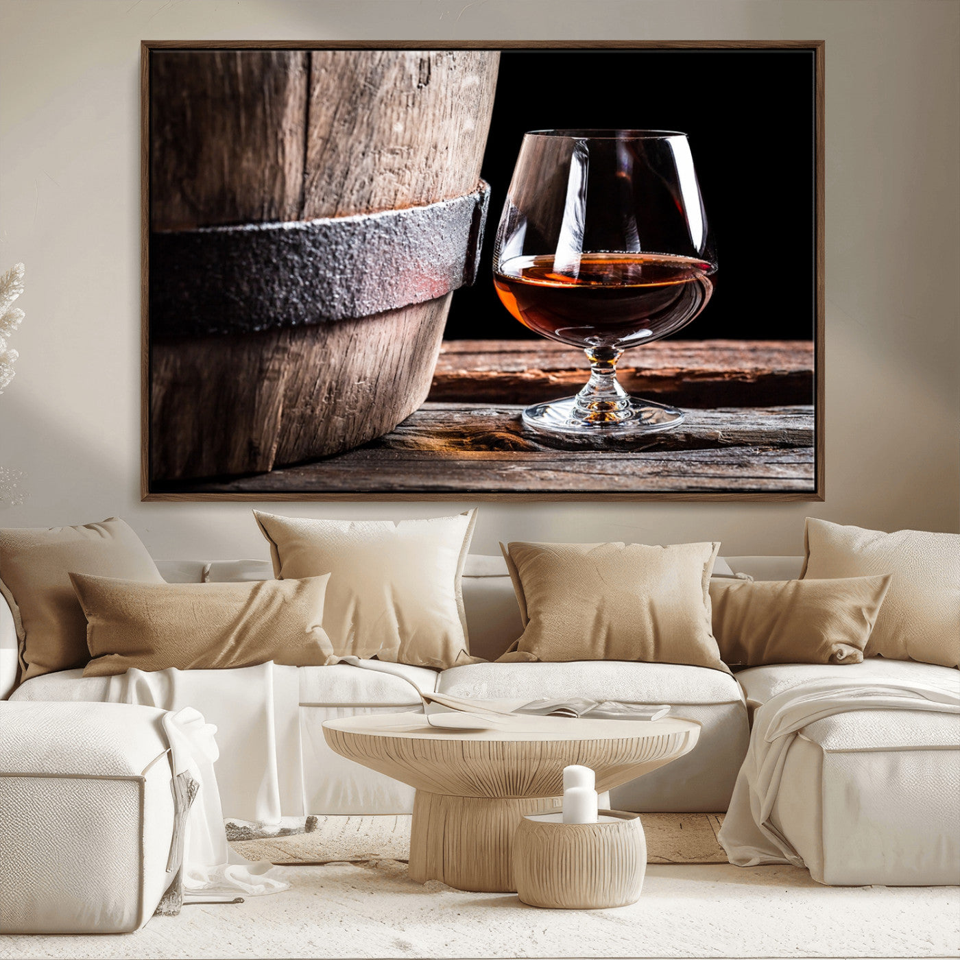 50839-MGV-CV-36X24-Barrel & Brandy Wall Art – Rustic Whiskey Barrel and Brandy Glass Canvas Print, Elegant Home Bar or Lounge Decor for Office, Man