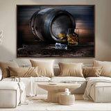 78049-MGV-FC-36X24_Walnut-Whiskey Barrel Wall Art – Rustic Whiskey Barrel and Glass with Ice Canvas Print, Classic Bar or Lounge Decor for Home, Office, or