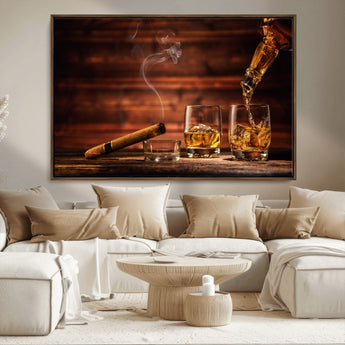 91042-MGV-CV-36X24-Whiskey & Cigar Wall Art – Elegant Whiskey Pour and Smoldering Cigar Canvas Print, Sophisticated Bar or Lounge Decor for Home,