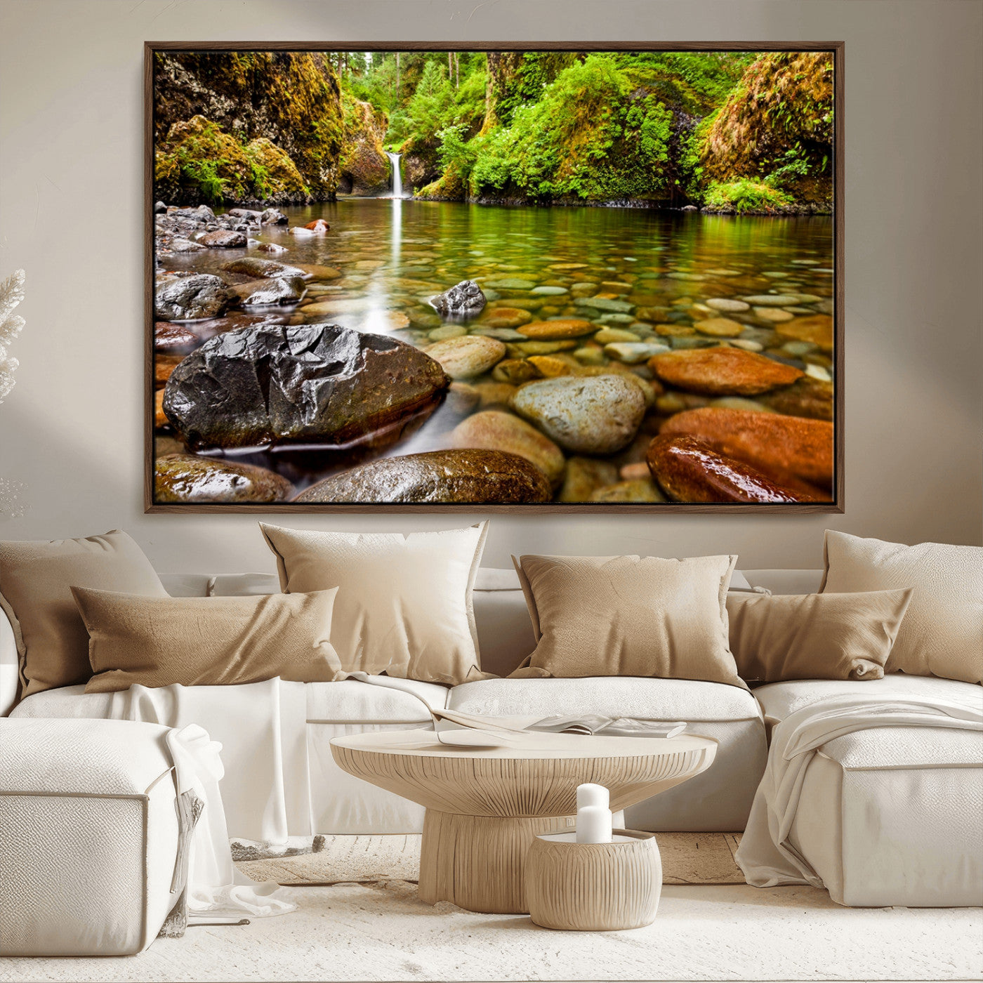 98096-MGV-FC-36X24_Walnut-Serene River Waterfall Nature Photo – Calm Clear Water, Vibrant Green Forest and Smooth Stones Landscape Wall Art for Home or
