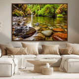 98096-MGV-FC-36X24_Walnut-Serene River Waterfall Nature Photo – Calm Clear Water, Vibrant Green Forest and Smooth Stones Landscape Wall Art for Home or