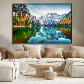 10402-MGV-CV-36X24-Snowy Mountain Lake Wall Art – Autumn Landscape Canvas Print with Reflection, Nature Decor for Living Room, Office, Bedroom or