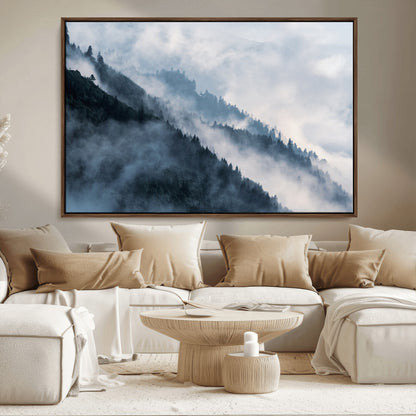 85737-MGV-CV-36X24-Misty Mountain Wall Art – Atmospheric Pine Forest Canvas Print with Fog and Mist, Calm Nature Decor for Living Room, Bedroom,
