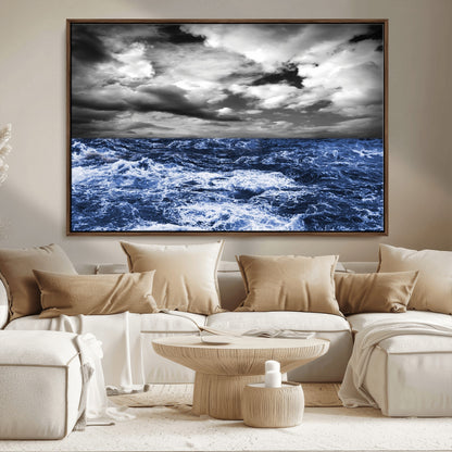 36012-MGV-CV-36X24-Dramatic Stormy Ocean Waves Black and White with Deep Blue Highlights – Moody Seascape Wall Art, Nature Photography Print for Home