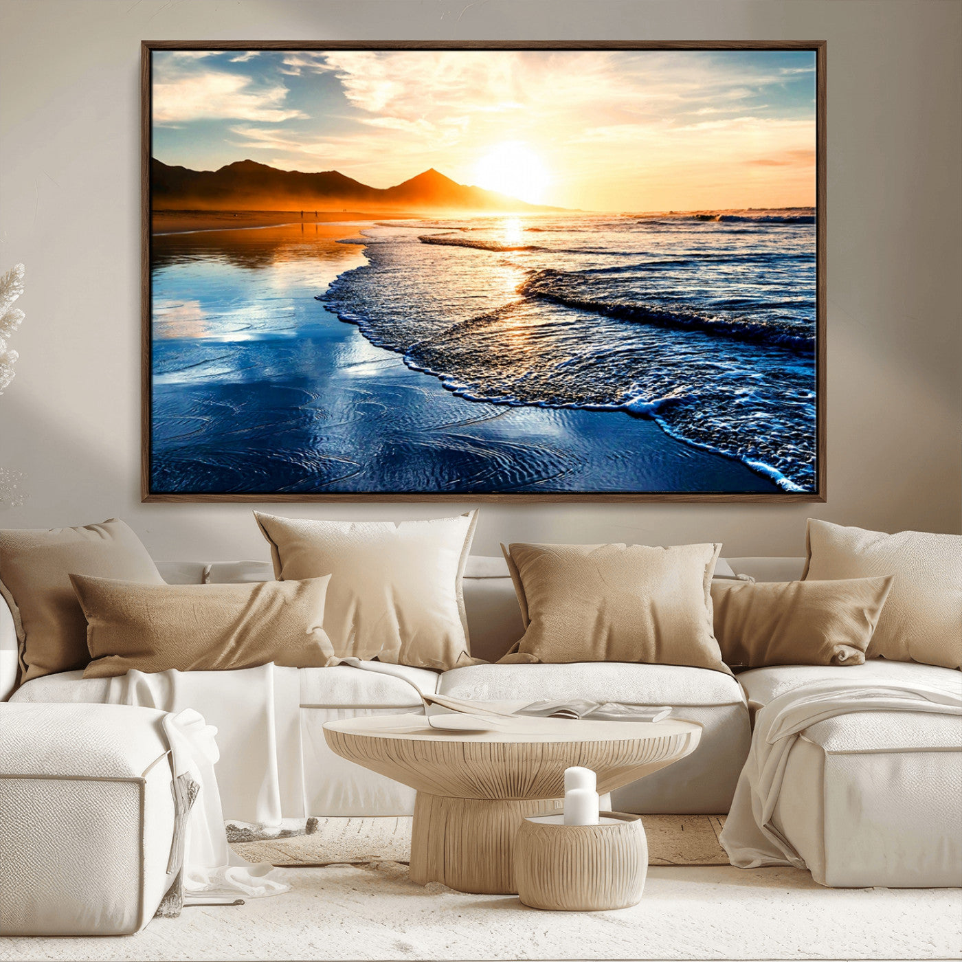 86173-MGV-FC-36X24_Walnut-Golden Sunset Beach Wall Art – Reflective Ocean Canvas Print with Mountains and Waves, Coastal Nature Decor for Living Room,
