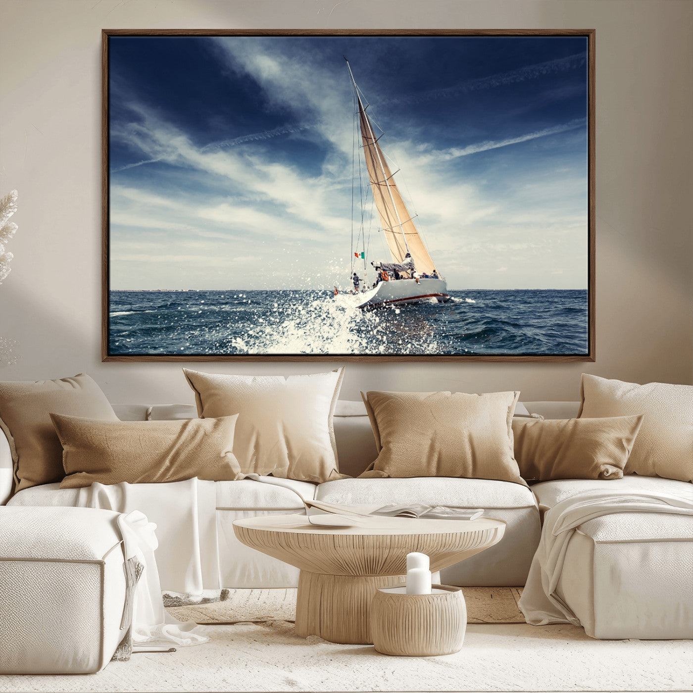 75430-MGV-FC-36X24_Walnut-Sailing Boat Wall Art – Dynamic Ocean Yacht Canvas Print, Nautical Decor for Living Room, Office, Beach House or Cabin
