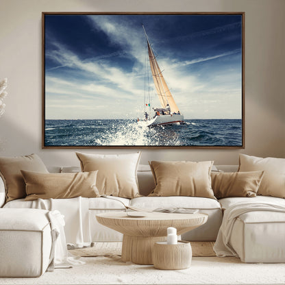 75430-MGV-FC-36X24_Walnut-Sailing Boat Wall Art – Dynamic Ocean Yacht Canvas Print, Nautical Decor for Living Room, Office, Beach House or Cabin