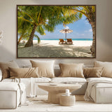 83601-MGV-FC-36X24_Walnut-Tropical Beach Wall Art – Serene Palm Trees and Lounge Chairs Canvas Print, Relaxing Coastal Decor for Living Room, Bedroom or