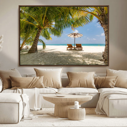 83601-MGV-FC-36X24_Walnut-Tropical Beach Wall Art – Serene Palm Trees and Lounge Chairs Canvas Print, Relaxing Coastal Decor for Living Room, Bedroom or