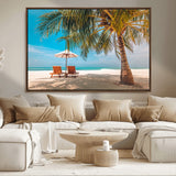 69754-MGV-FC-36X24_Walnut-Tropical Beach Wall Art – Relaxing Palm Tree and Lounge Chairs Canvas Print, Serene Coastal Decor for Living Room, Bedroom, Office