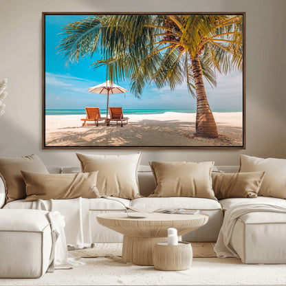 69754-MGV-FC-36X24_Walnut-Tropical Beach Wall Art – Relaxing Palm Tree and Lounge Chairs Canvas Print, Serene Coastal Decor for Living Room, Bedroom, Office