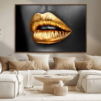84747-MGV-FC-36X24_Walnut-Golden Lips Black & White Portrait – Glamorous Metallic Lip Art Print, Modern Wall Decor for Bedroom, Beauty & Fashion Lover Gift