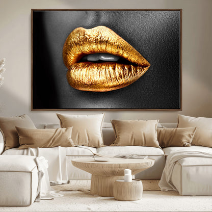 84747-MGV-FC-36X24_Walnut-Golden Lips Black & White Portrait – Glamorous Metallic Lip Art Print, Modern Wall Decor for Bedroom, Beauty & Fashion Lover Gift