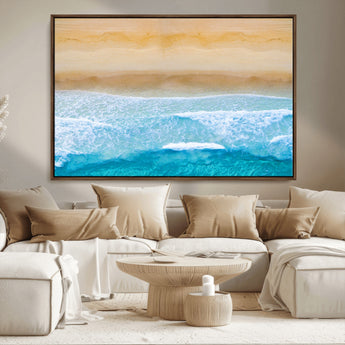 43046-MGV-FC-36X24_Walnut-Aerial Beach Wall Art – Serene Ocean Waves & Sandy Shore Canvas Print, Coastal Home Decor for Living Room, Bedroom or Office