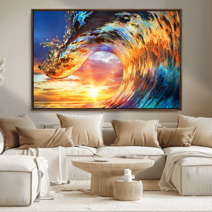 52890-MGV-CV-36X24-Surfing Wave Wall Art Canvas Print, Framed Sunset Ocean Art Picture Print, Ocean Wave Perfect Nautical Decor Artwork