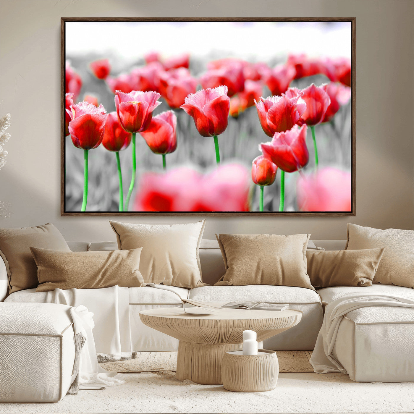 44554-MGV-CV-36X24-Vibrant red tulips stand out beautifully against a black-and-white background, making a striking decor piece perfect for any home